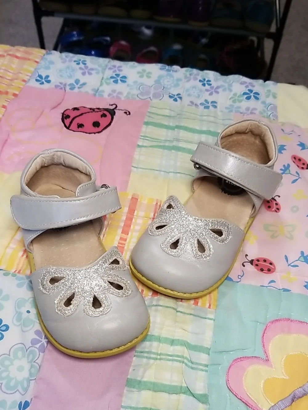 Livie & Luca Silver Leather Mary Jane Shoes with Silver Glitter Petals Size 8